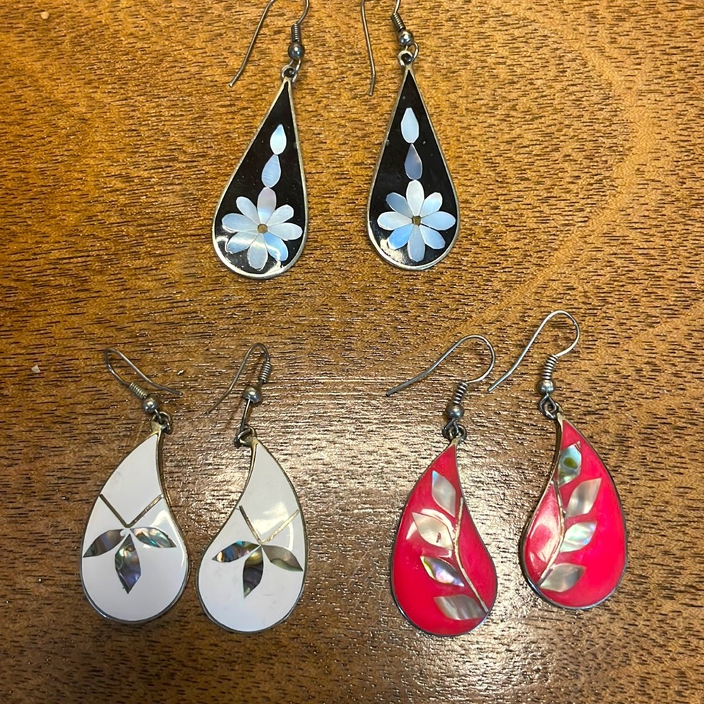 Vintage Mexican Alpaca Silver Dangle Earrings With Abalone Shell Inlay